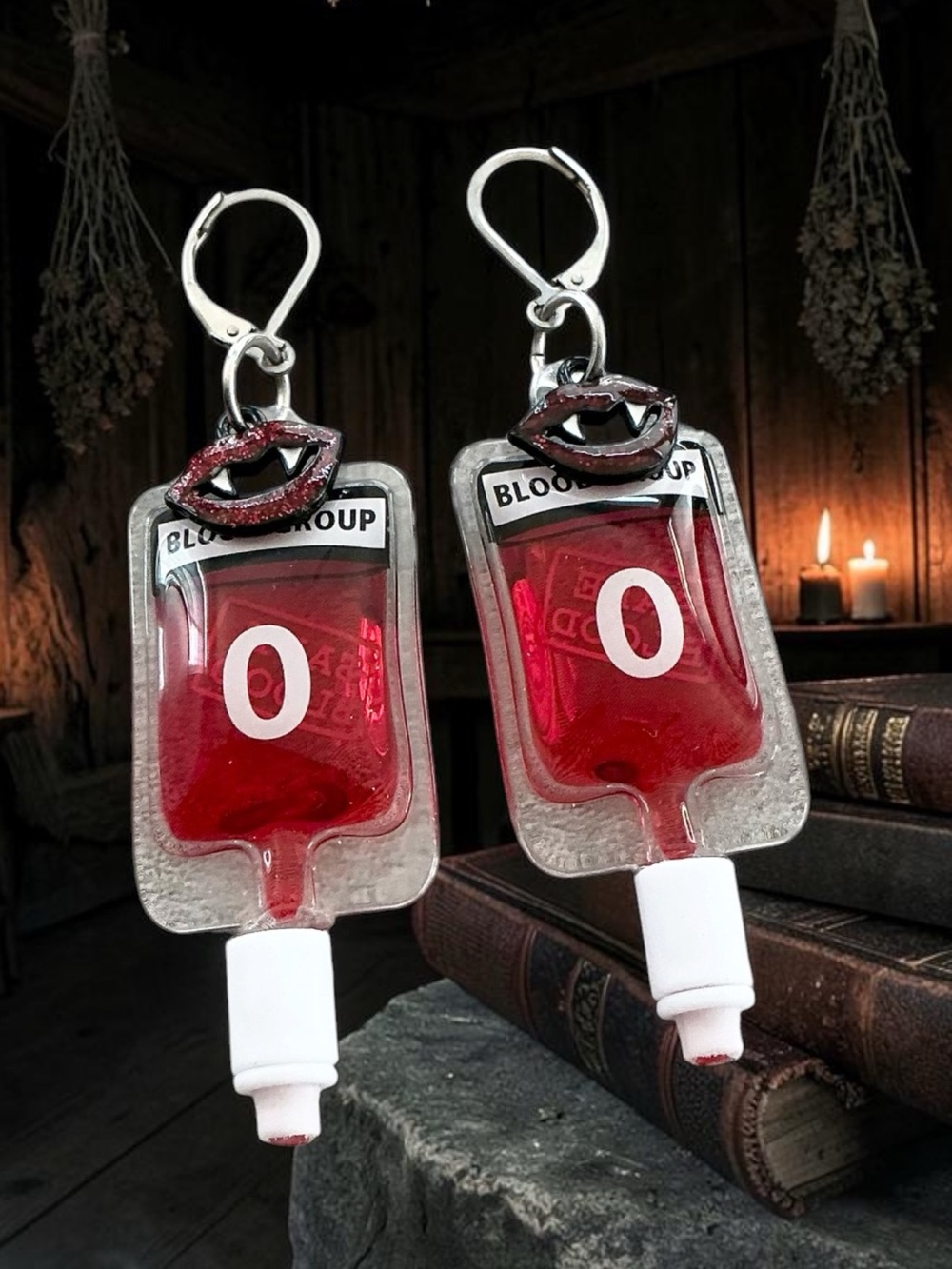 🆕 O Blood Bag with Vampire Teeth Dangle Earrings